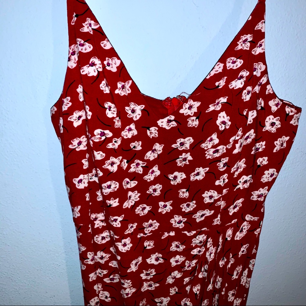 Red floral wrap midi dress